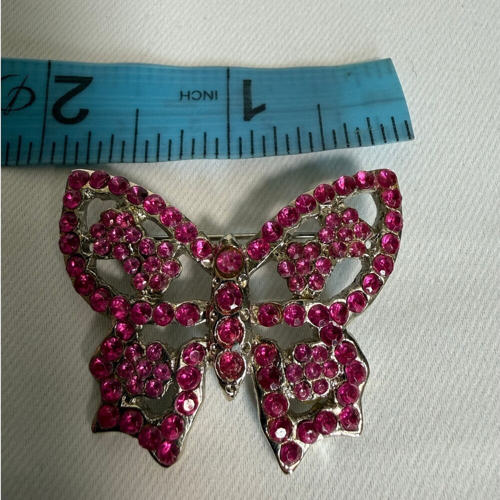 Vintage Pink Rhinestone Butterfly Brooch Pin Silver Tone Statement Jewelry - Picture 8 of 8
